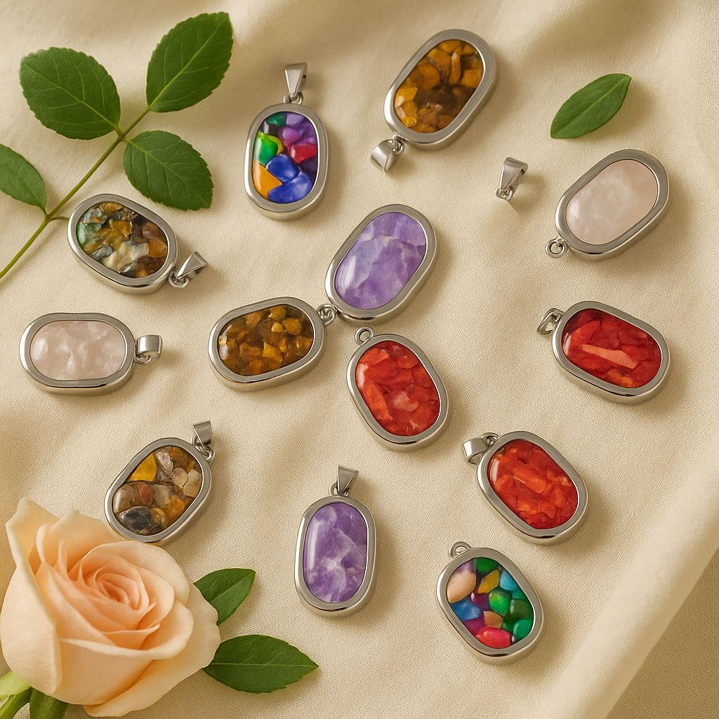 Ovale Anhänger mit Stahlgehäuse – 12 verschiedene Edelsteinsplitter und Muscheln (12 Stück)