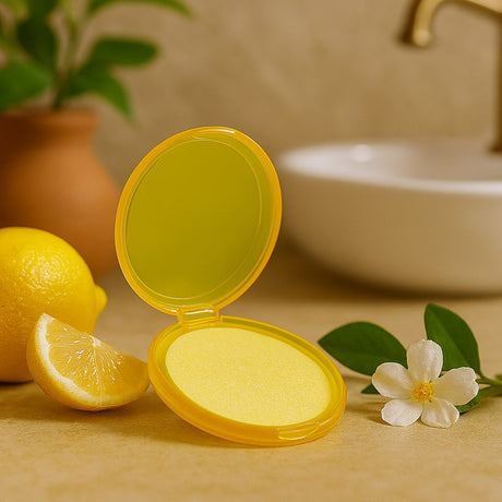 Yellow compact mirror with lemon slices and a flower on a wooden surface.