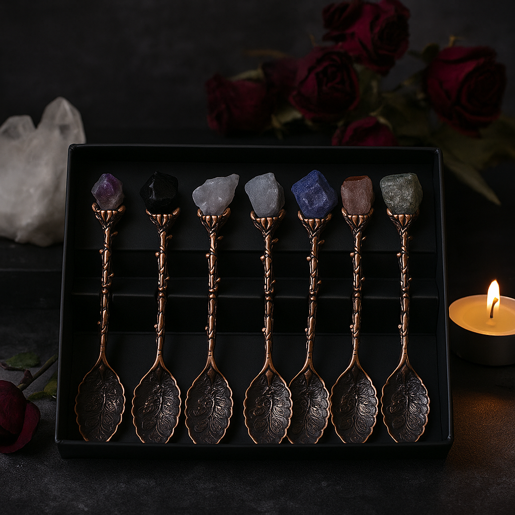 Set mit 7 Hexenlöffeln aus bronzefarbenem Edelsteinkristall