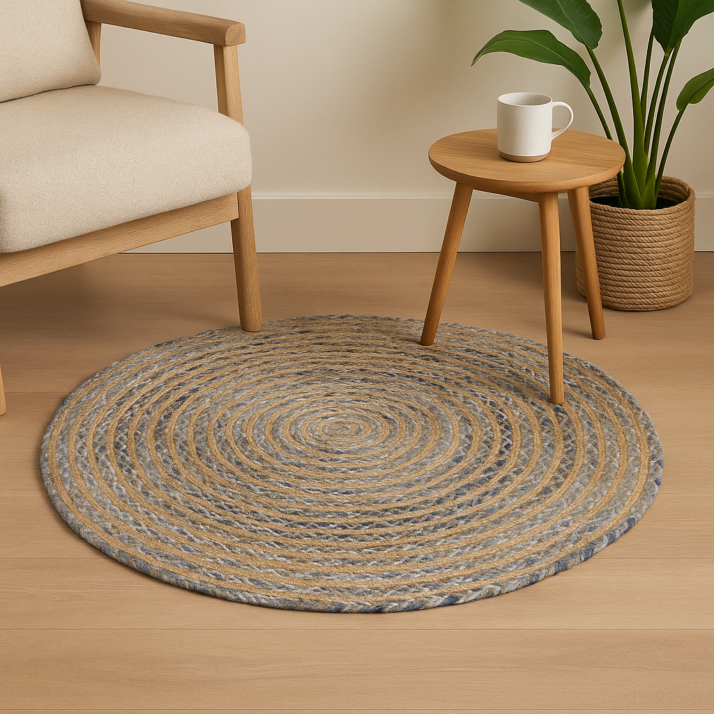 Boho-Teppich – rund, aus Jute und recyceltem Denim, 90 cm