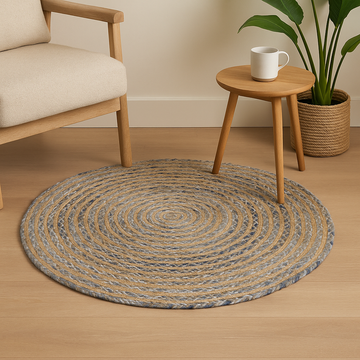 Covor rotund din iută și denim reciclat, 90 cm
