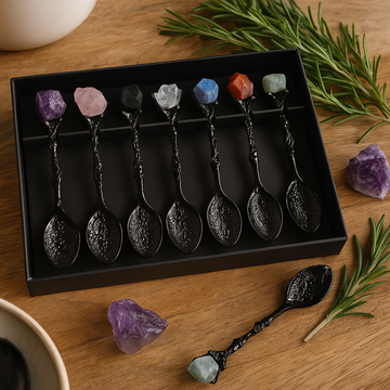 Set de 7 cucharas de cristal para bruja, plata oscura