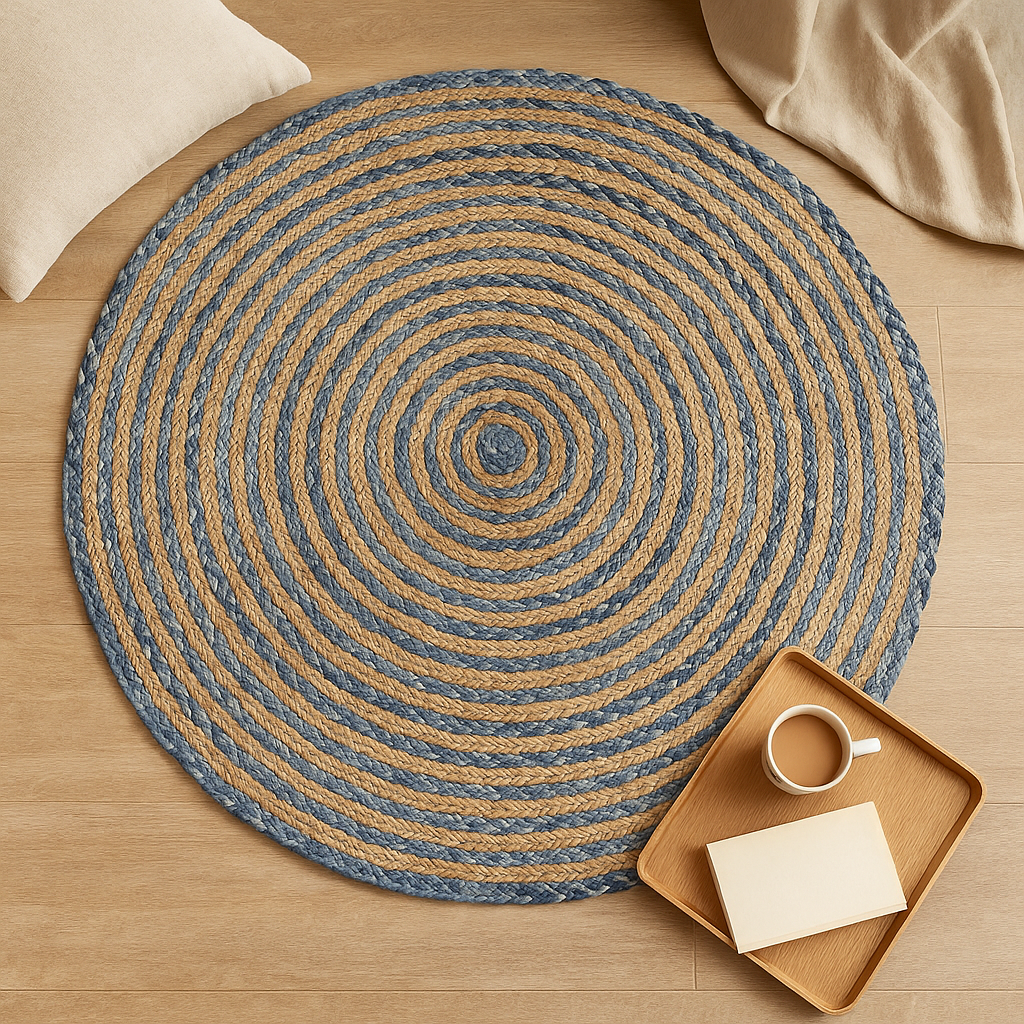 Boho-Teppich – rund, aus Jute und recyceltem Denim, 120 cm