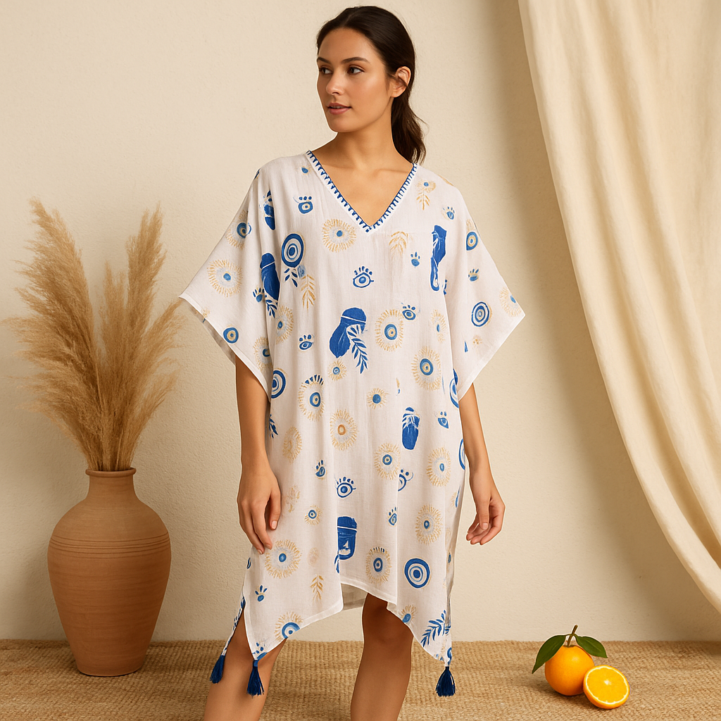 Nomad Sari On the Med Collection – Kaftan – Weißes, blaues und goldenes Design mit bösem Blick
