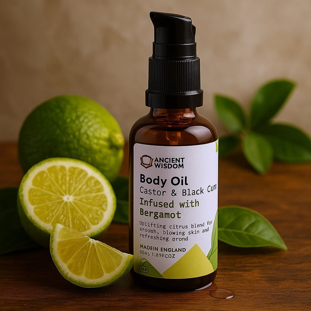 Body oil bottle with a label, surrounded by limes and leaves on a wooden surface.
