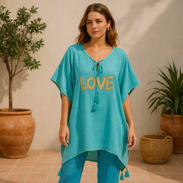 Kaftan turquoise et or motif amour Taille unique