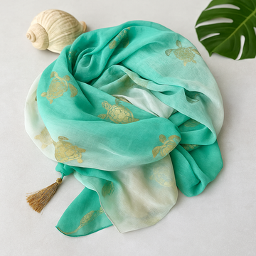 Paréo pareo blanc turquoise tortue dorée peinte à la main