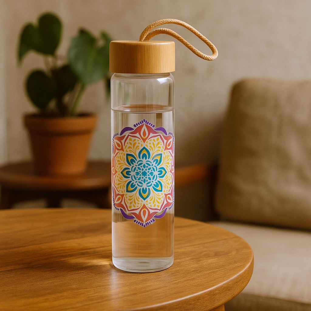 Wiederverwendbare Mandala-Wasserflasche aus Glas