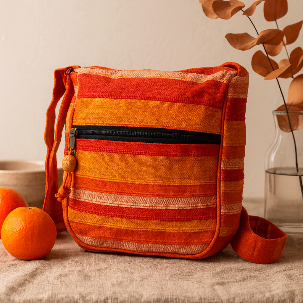 Bolso bandolera con correa ajustable, color naranja amanecer de Nepal