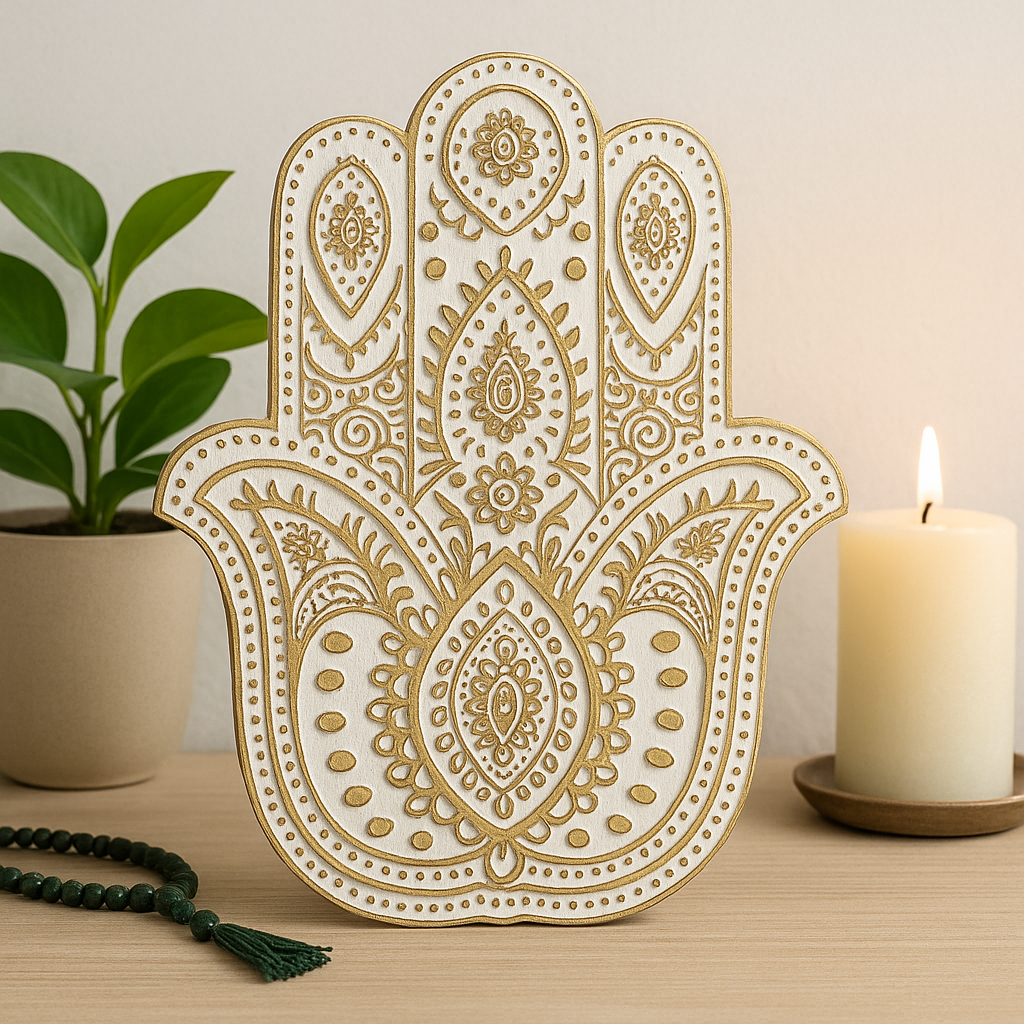 Hamsa Hand Wandplaat, Mangohout Witgewassen