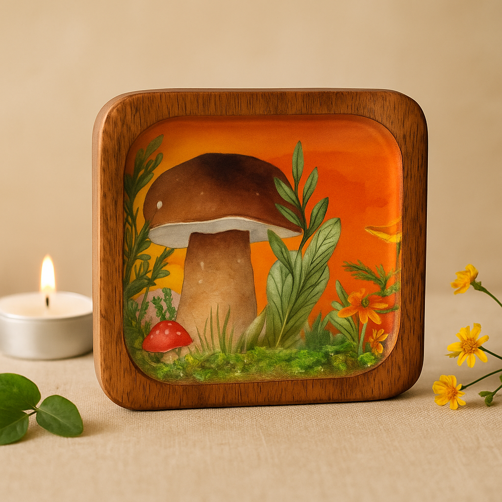 Großes quadratisches Schmucktablett 15 x 15 x 2,5 cm – Pilz-Design, Kastanienbraun