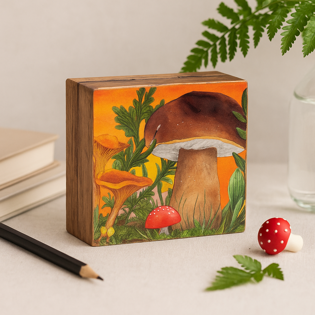 Cutie pătrată cu design ciupercă, culoare maro închis, 15x17.5x8cm