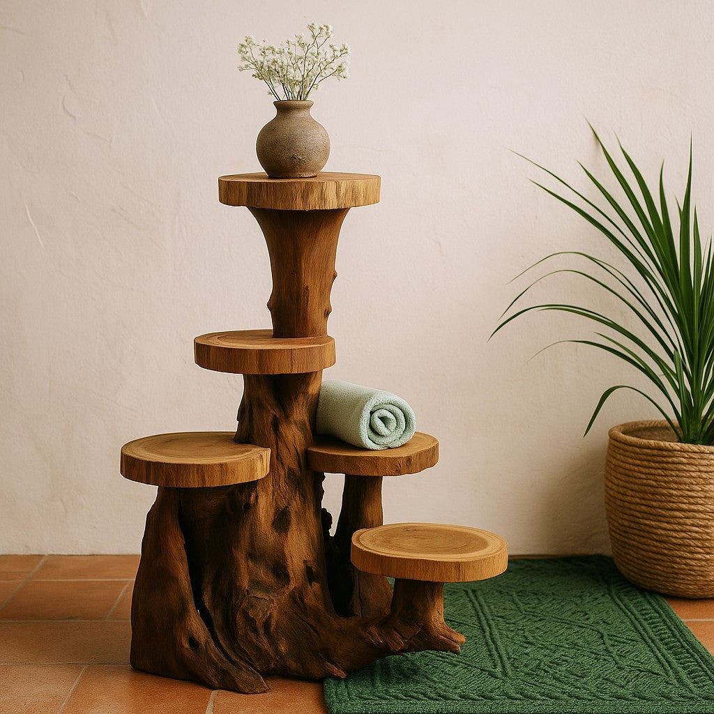Wooden tiered plant stand with a vase and rolled towel against a beige wall.