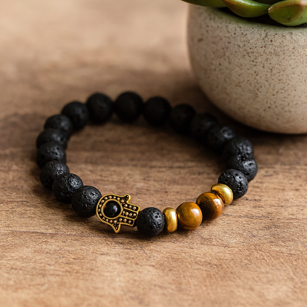 Lava stenen armband Hamsa hand Tijgeroog