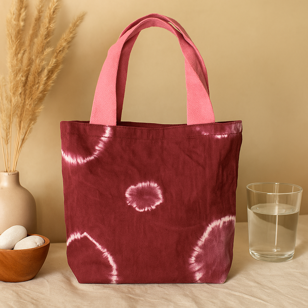 Natürlicher Batik-Baumwollbeutel (8 oz) – 38 x 42 x 12 cm – Kastanienbraune Ringe – Rosa Griff