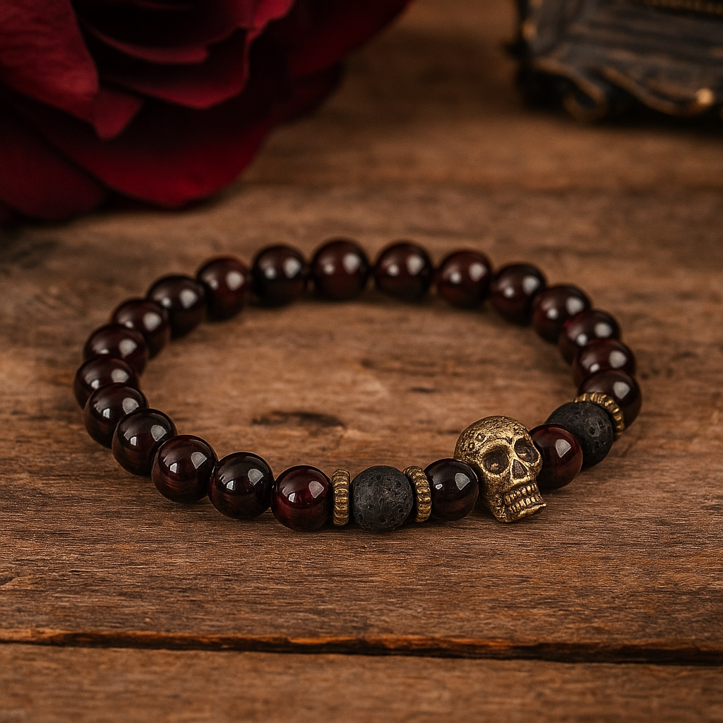 Bloodstone Crystal Stretch Bracelet with Bronze Skull
