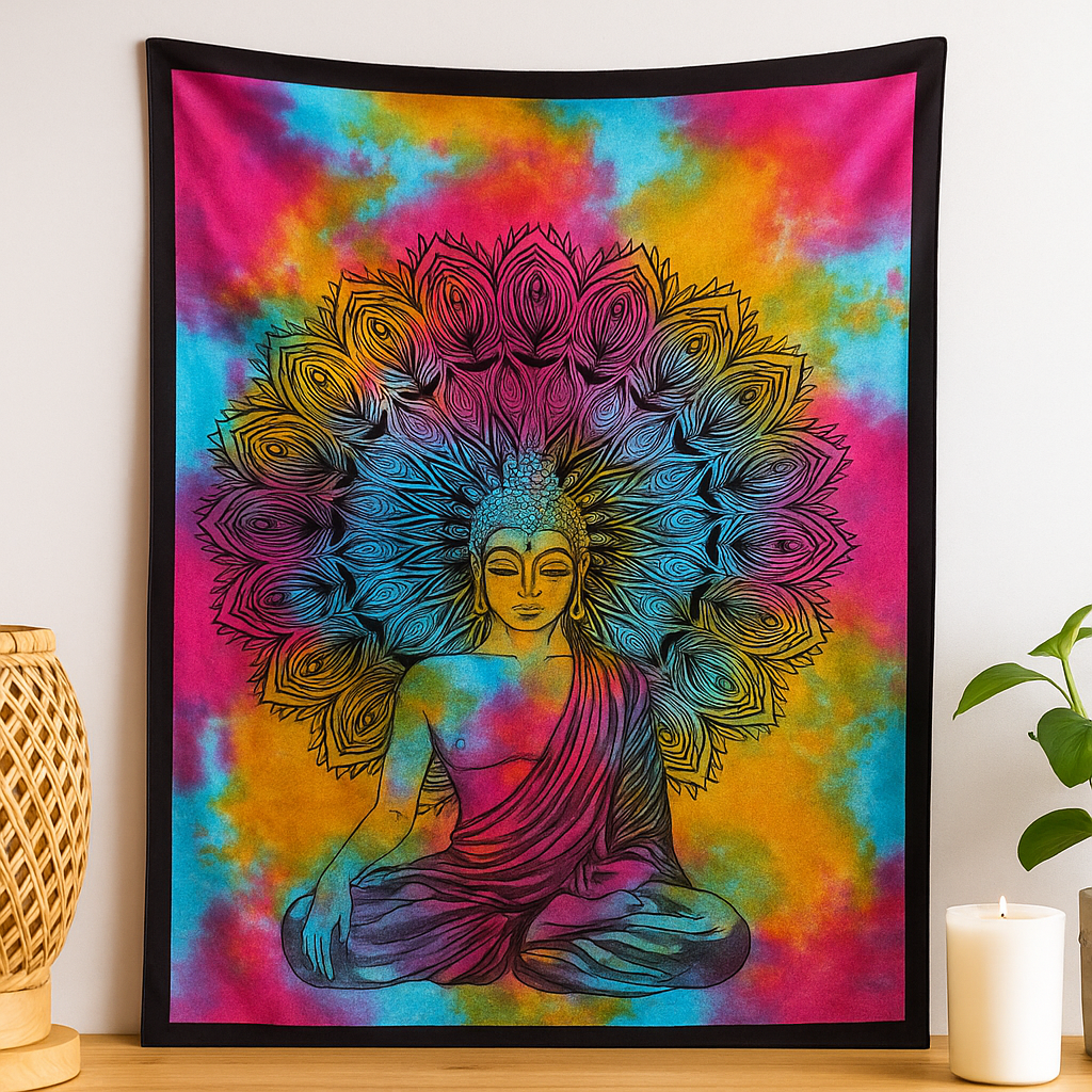 Copriletto doppio in cotone e arazzo da parete, Buddha