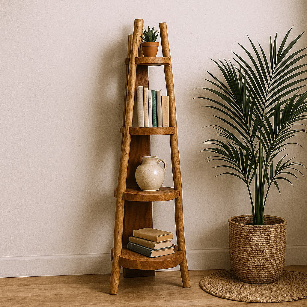 Wooden ladder shelf with books and a vase against a beige wall with a plant.