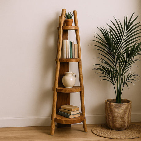 Wooden ladder shelf with books and a vase against a beige wall with a plant.