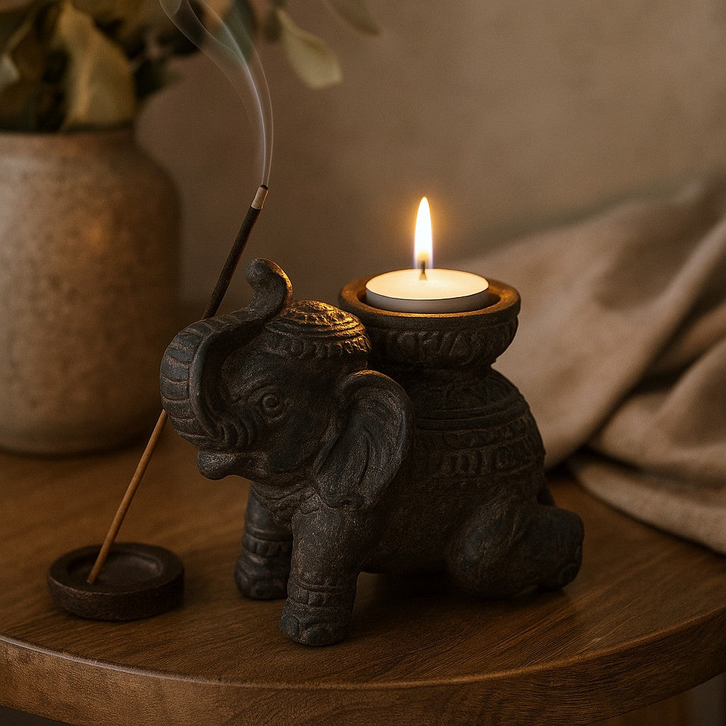 Wierook- en kaarshouder olifant zwart antiek