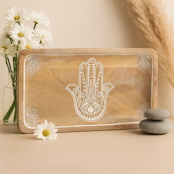 Pitkä tarjotin Hamsa-kuvio valkopesu 30x15x2.5 cm