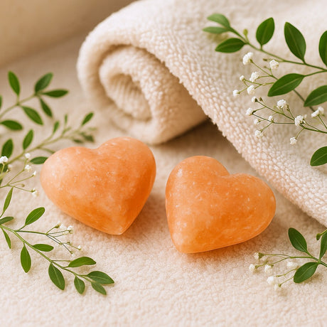 Two heart-shaped orange stones on a beige surface with green leaves and flowers.