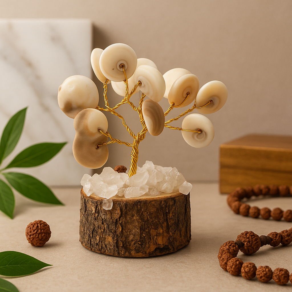 Handgefertigter Gomati-Chakra-Steinbaum mit Rudraksha-Perlen – 15 heilige Steine für spirituelles Wachstum und Heimdekoration