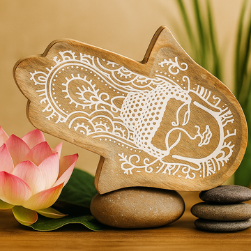 Pitkä Hamsa-käsitarjotin, Buddha valkopesu 30x20.5x2.5cm
