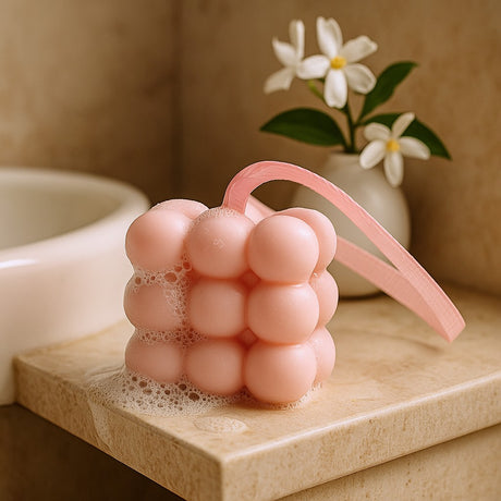 Pink bubble bath brush with suds on a bathroom counter, flowers in the background
