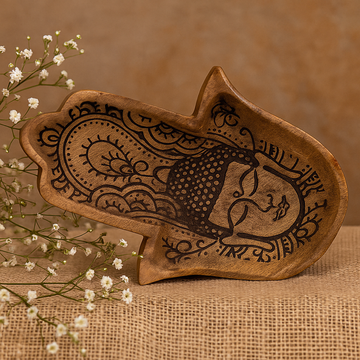 Hamsa-käsitarjotin, musta Buddha kaiverrettu 30x20.5x2.5cm
