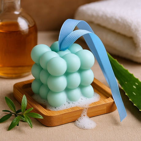 Bubble-shaped green soap with a blue ribbon on a wooden tray, surrounded by a bottle of oil and a plant.