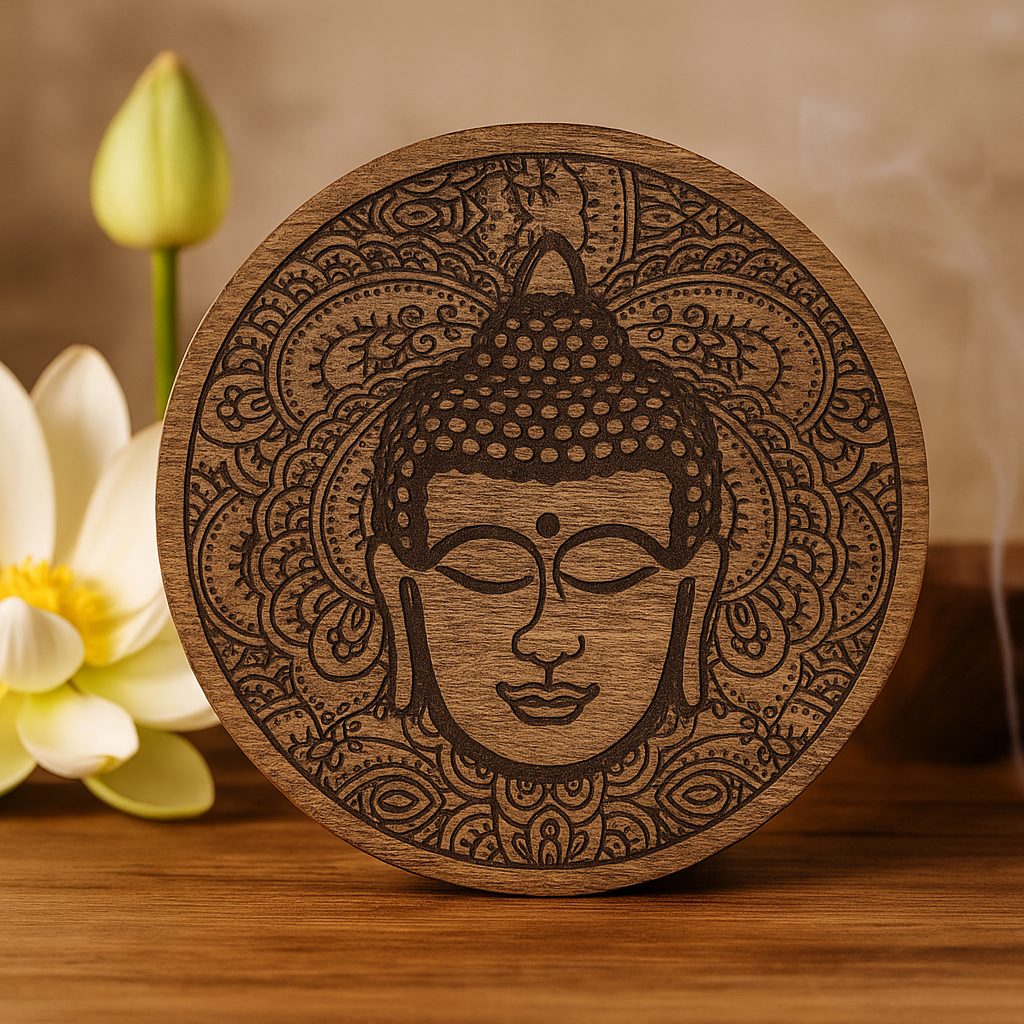Buddhaansikt inngravert rund boks svart 17.5x7.5cm