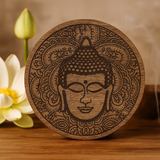 Buddhaansikt inngravert rund boks svart 17.5x7.5cm