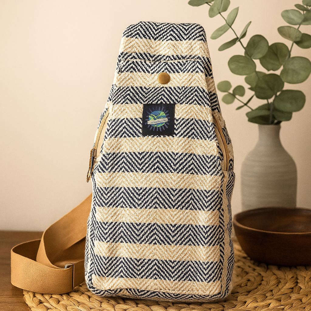 Crossbody-veske naturlig bomull tan og marineblå