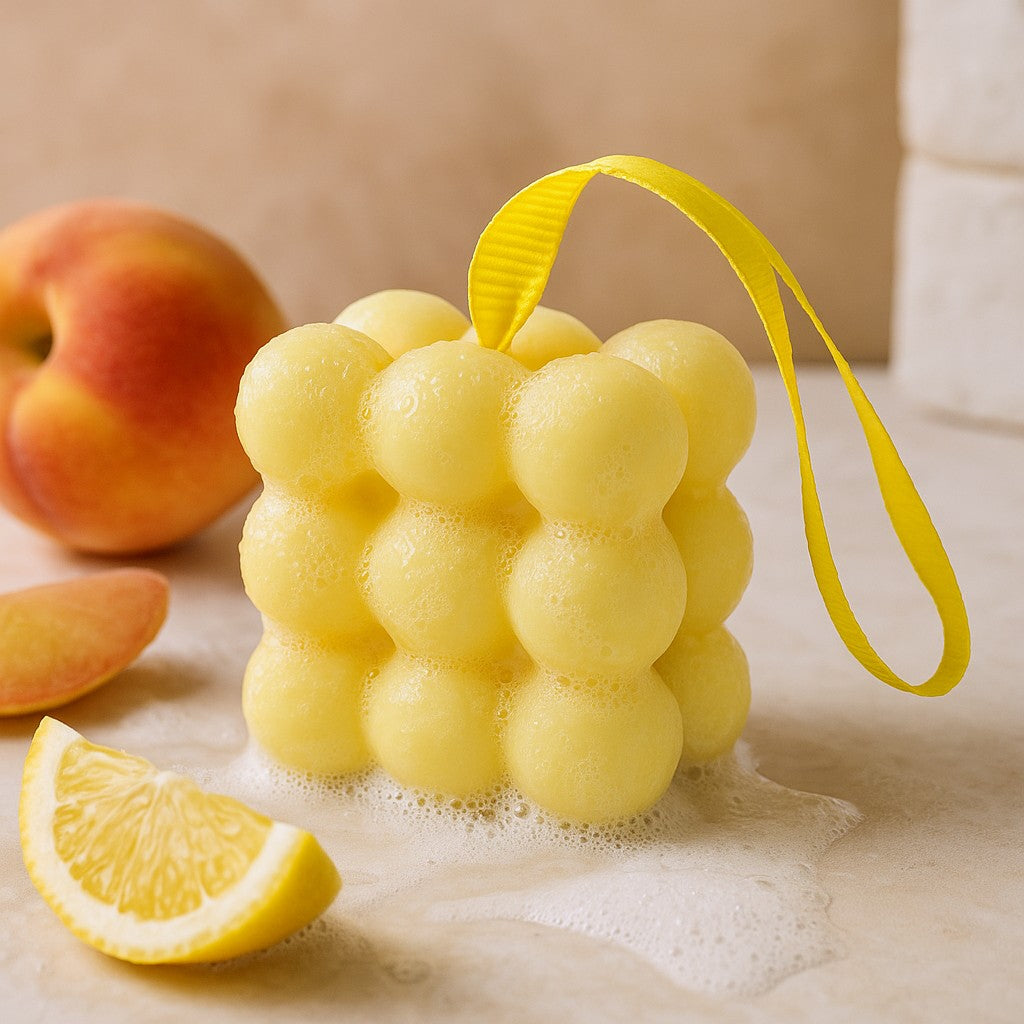 Yellow bath sponge with a handle next to a peach and lemon wedge on a beige surface