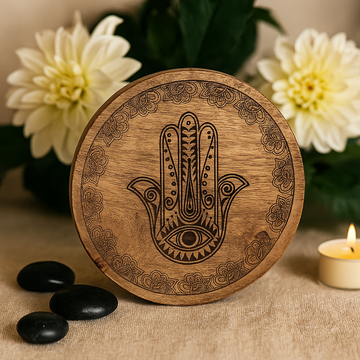 Velká kulatá krabička 17,5x7,5 cm Hamsa černě rytá