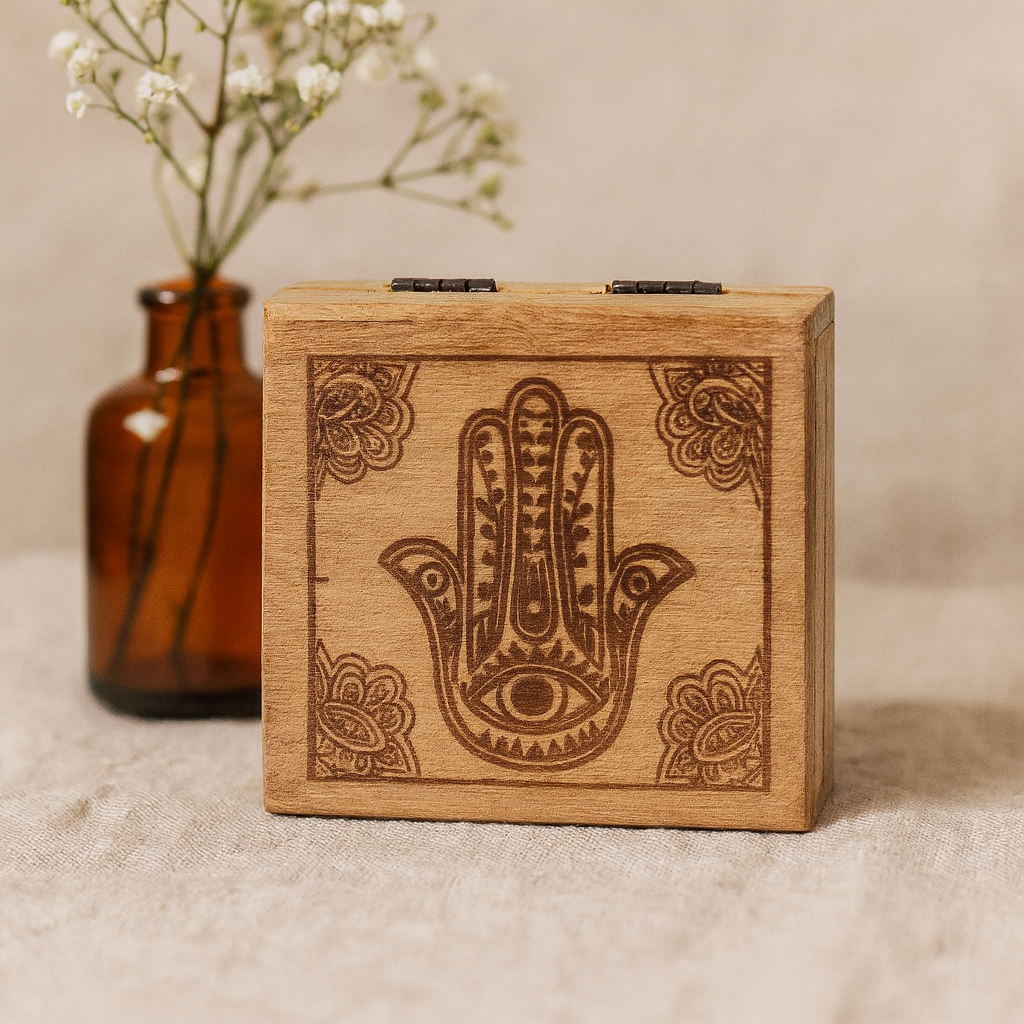 Liten fyrkantig ask Hamsa svart graverad 10x10x4.2cm