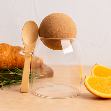 Glass Jar With Spoon, Cork Ball Lid 10cm