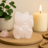Figurine Chat Porte-Bonheur en Quartz Rose 50x35x25mm