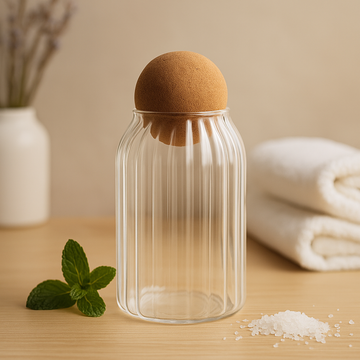 Glass Jar With Cork Ball Lid Ribbed 15cm