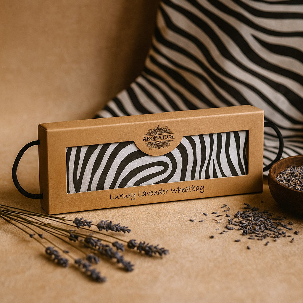 Almohada para ojos de lavanda con diseño de cebra y caja de regalo