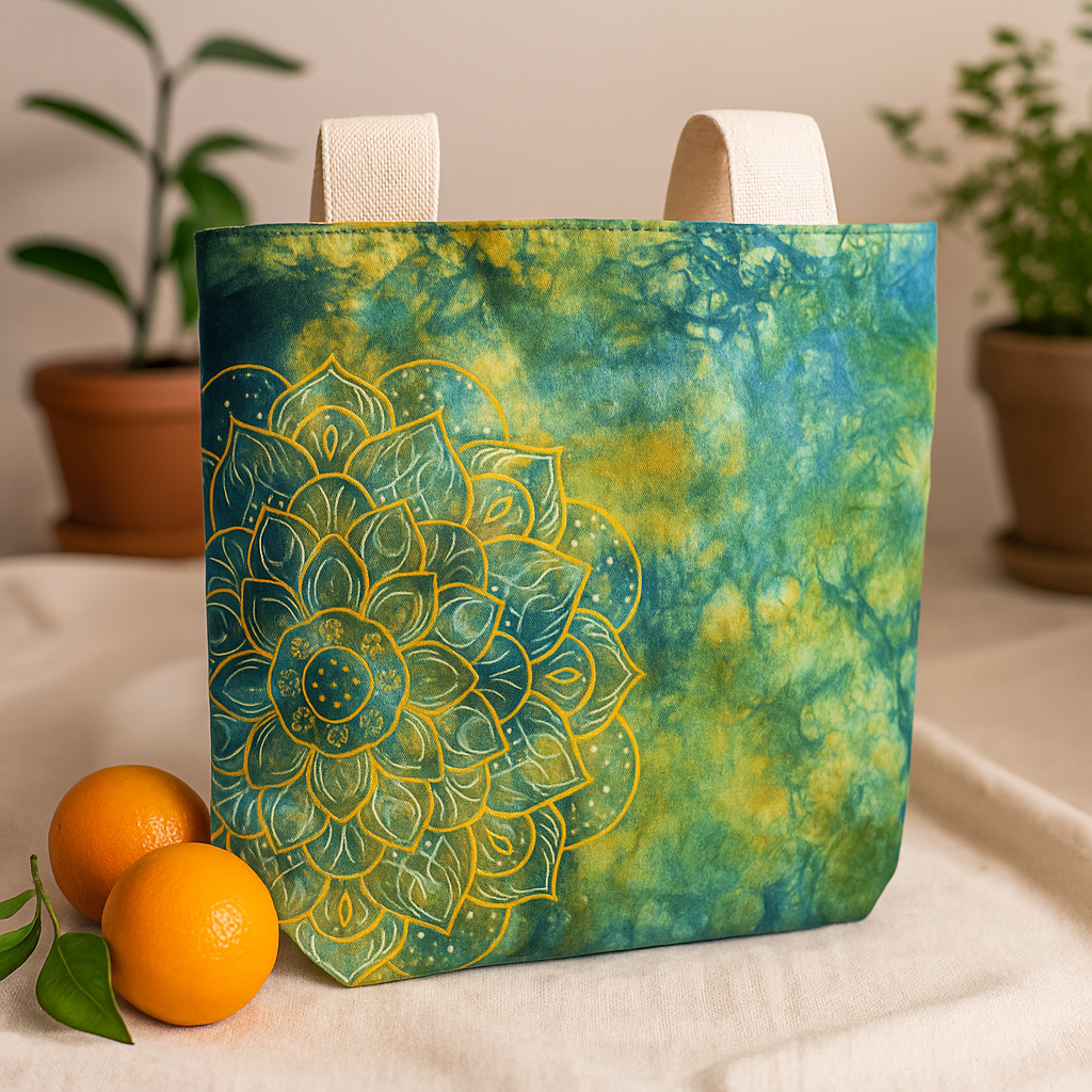 Tye-Dye-Baumwolltasche (6oz) - 38x42x12cm - Mandela - Grün/Blau - Natürlicher Griff
