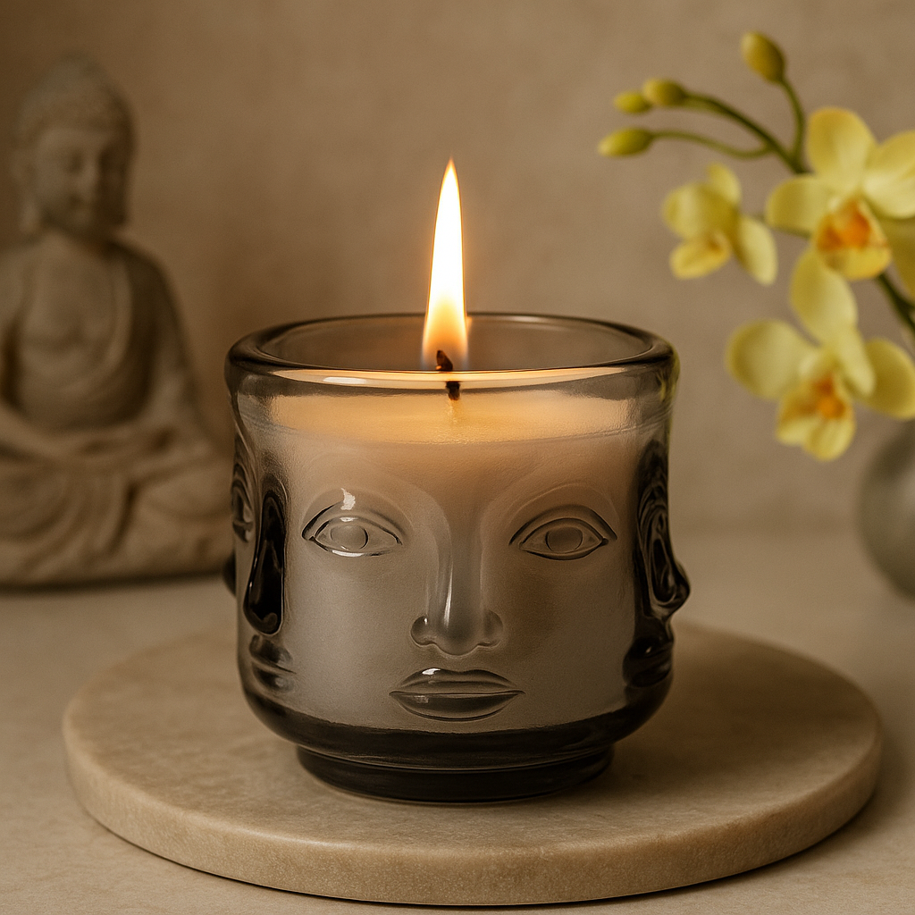 Sada 2 svíček ve skle Buddha, půlnoční šedá