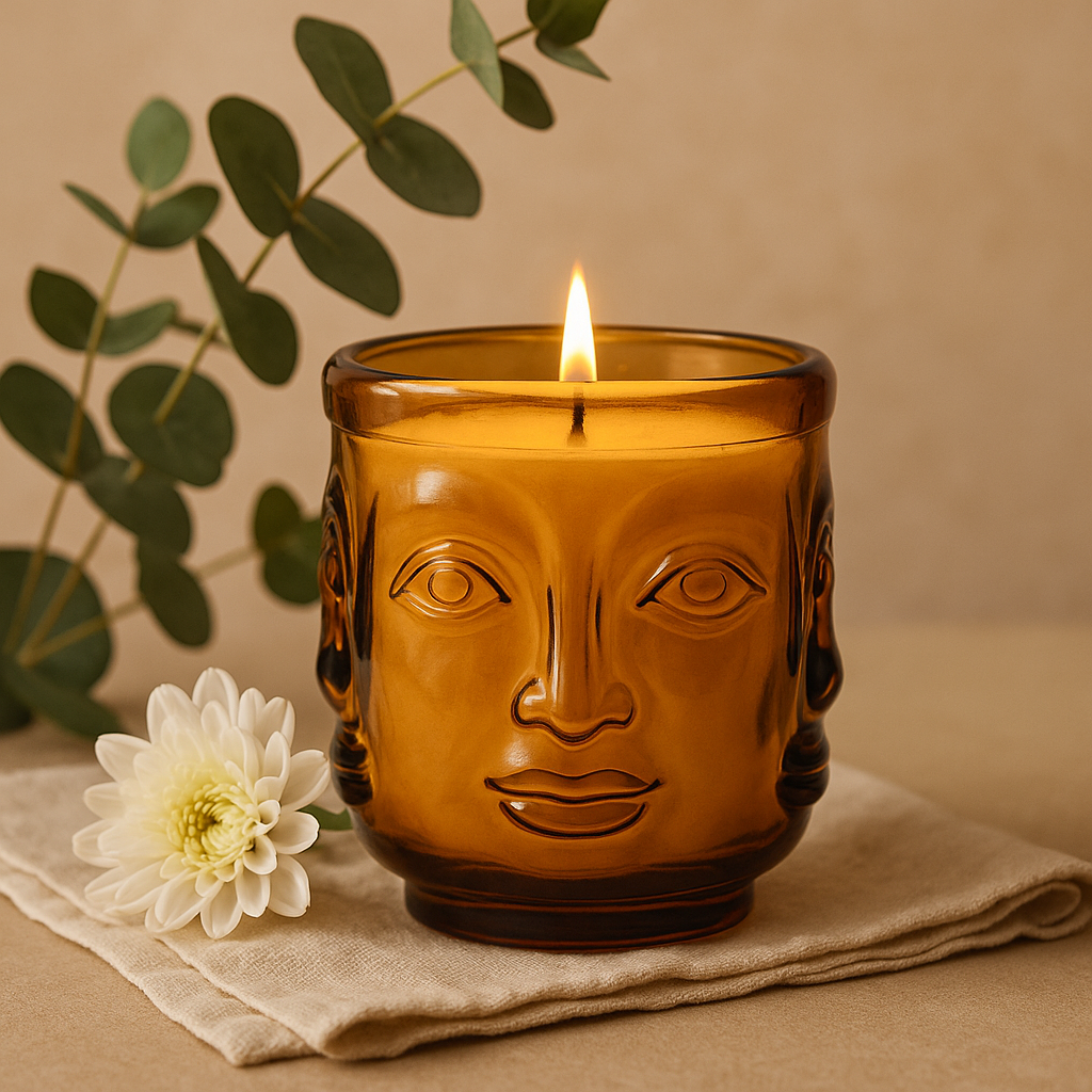 Svíčka ve skle Buddha tváře starožitný jantar 2 balení