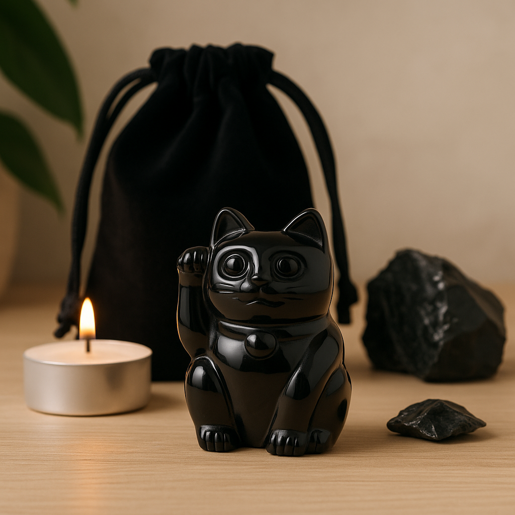 Glückskatze aus schwarzem Obsidian - 50x35x25mm