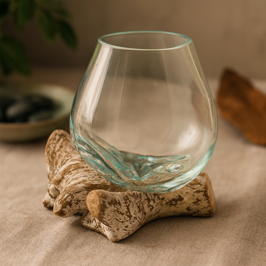 Taça de Vidro Fundido em Madeira Branqueada Pequena