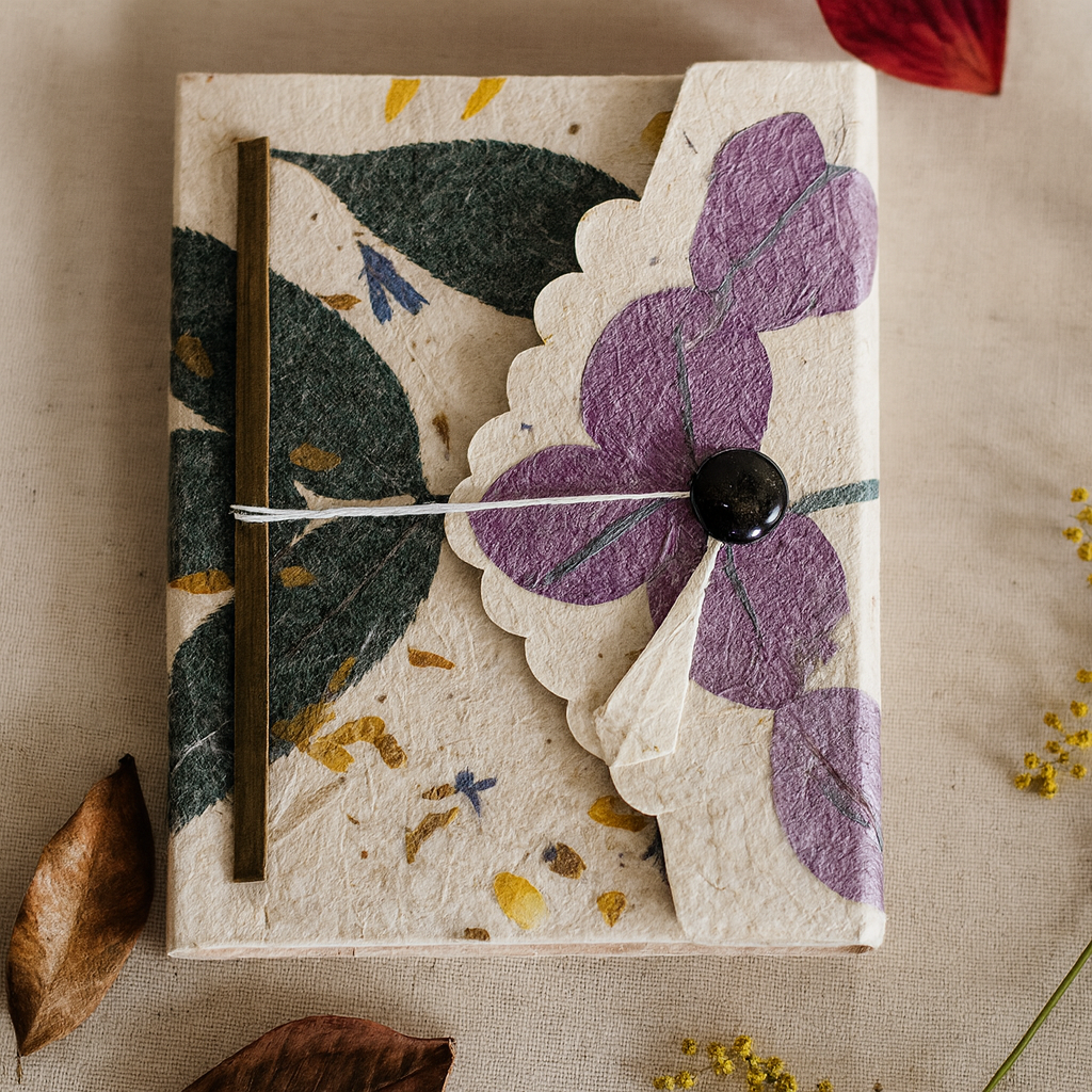 Pressed Bougainvillea Lokta Journal, Handmade in Nepal 15x12cm