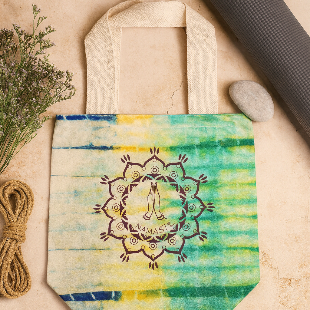 Baumwolltasche im Tye-Dye-Stil (6 oz) – 38 x 42 x 12 cm – Namaste Hands – Mehrfarbig – Natürlicher Griff