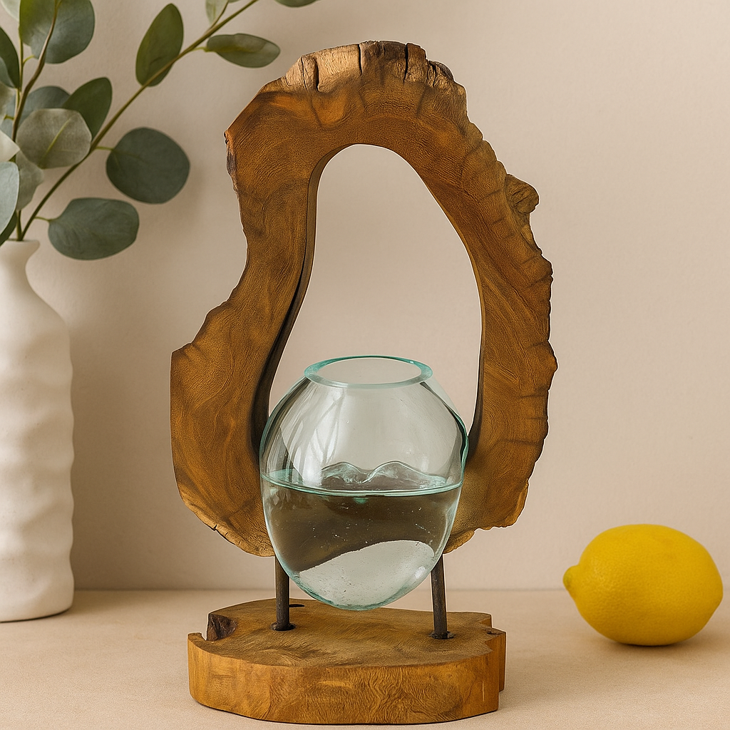 Vază de sticlă suspendată pe lemn