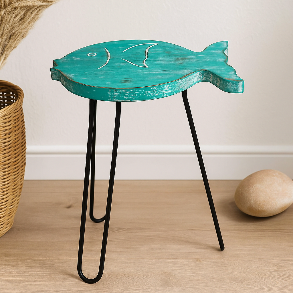 Support à poisson, bois d'albizia turquoise